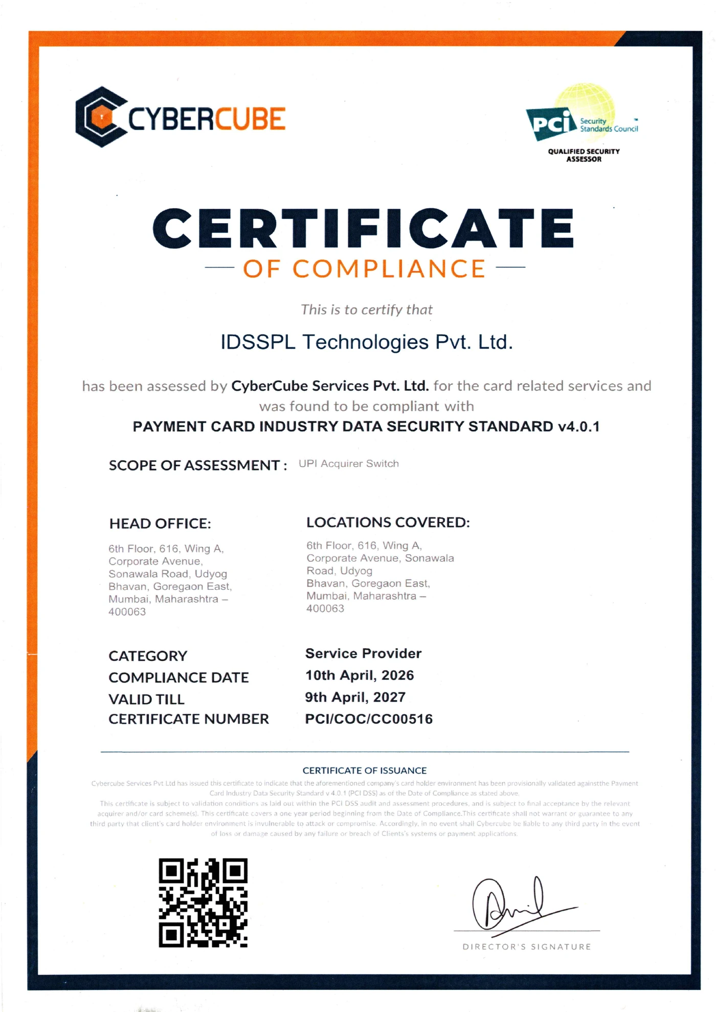 IDSSPL Technologies Private Limited PCI DSS v4.0.1 certificate of compliance